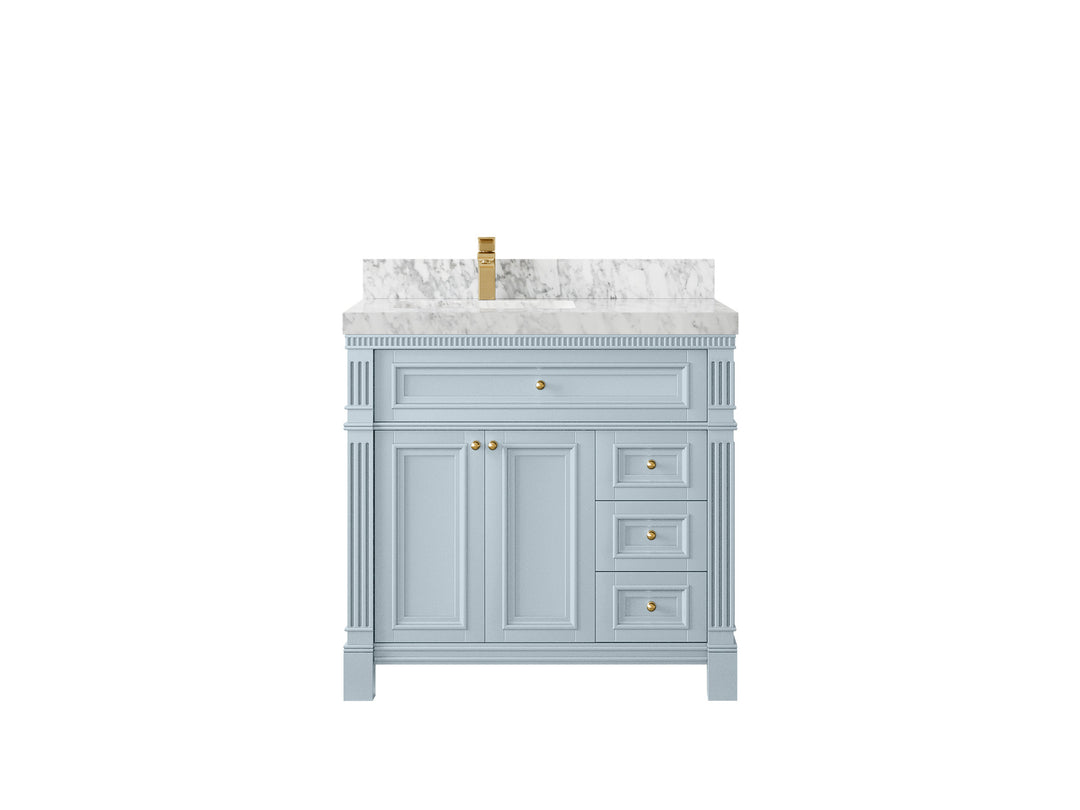 Paris 36 in. W x 22 in. D Left  Offset Sink Bathroom Vanity Blue Heather  with 2 in Calacatta Nuvo Quartz Countertop – Top View