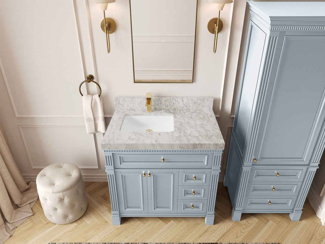 Paris 36 in. W x 22 in. D Left  Offset Sink Bathroom Vanity Blue Heather  with 2 in Calacatta Nuvo Quartz Countertop