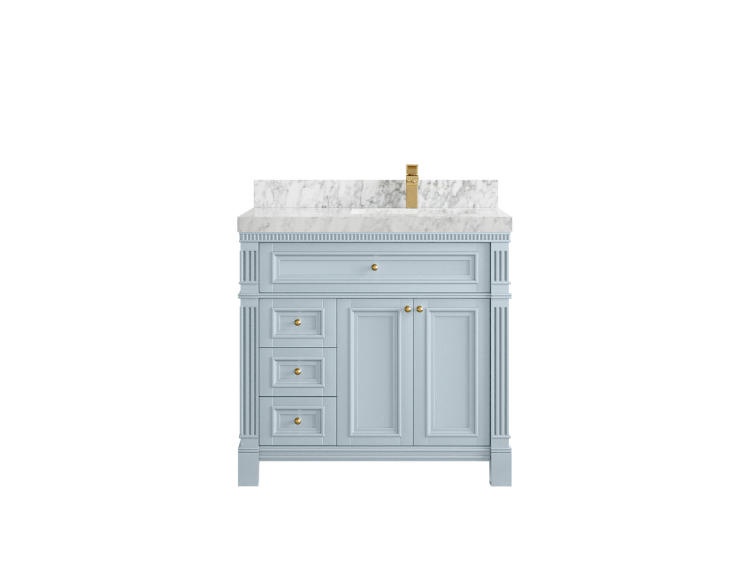 Paris 36 in. W x 22 in. D Right  Offset Sink Bathroom Vanity in Blue Heather  with 2 in Carrara Marble Countertop