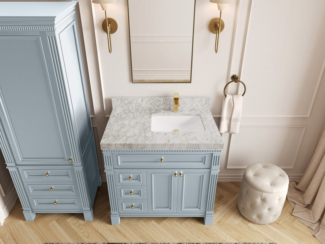 Paris 36 in. W x 22 in. D Right  Offset Sink Bathroom Vanity in Blue Heather  with 2 in Carrara Marble Countertop – Top View