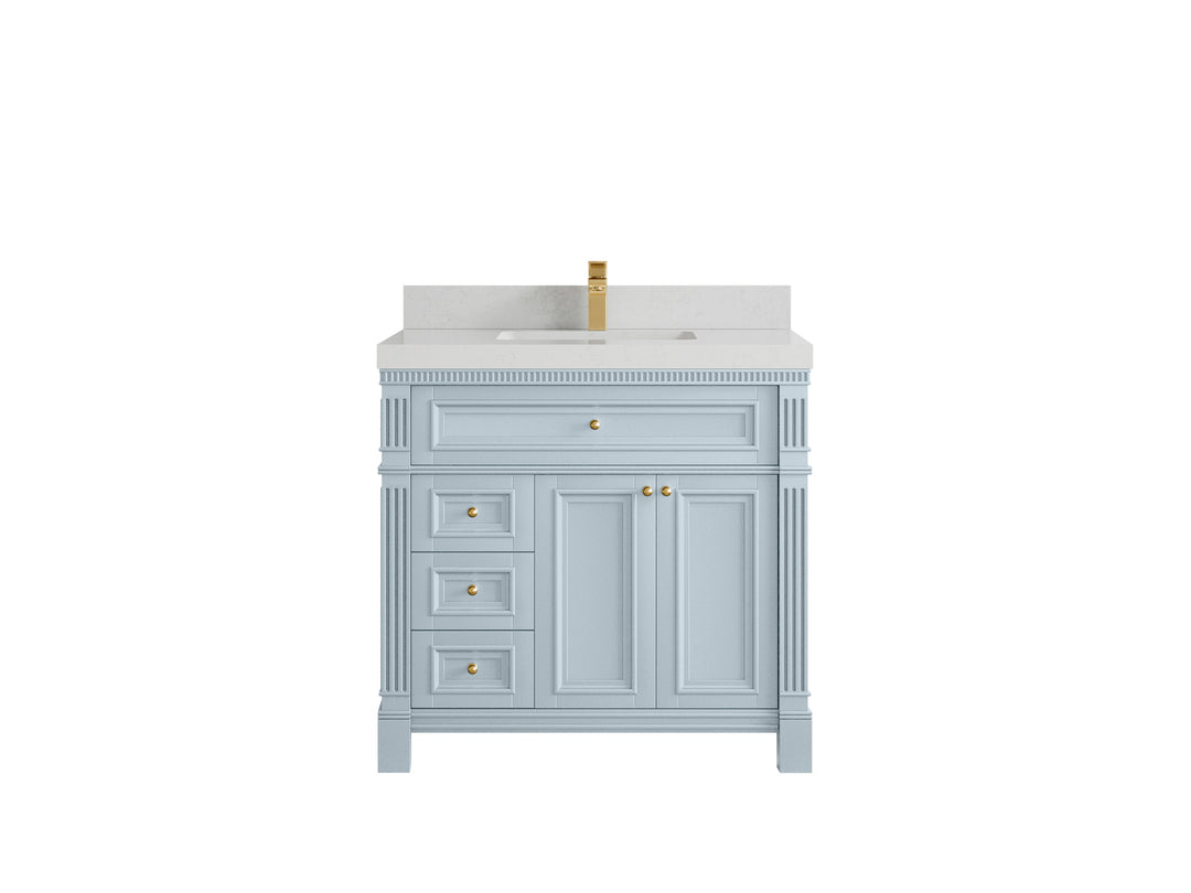Paris 36 in. W x 22 in. D Center Sink Bathroom Vanity in Blue Heather  with 2 in Carrara Quartz Countertop