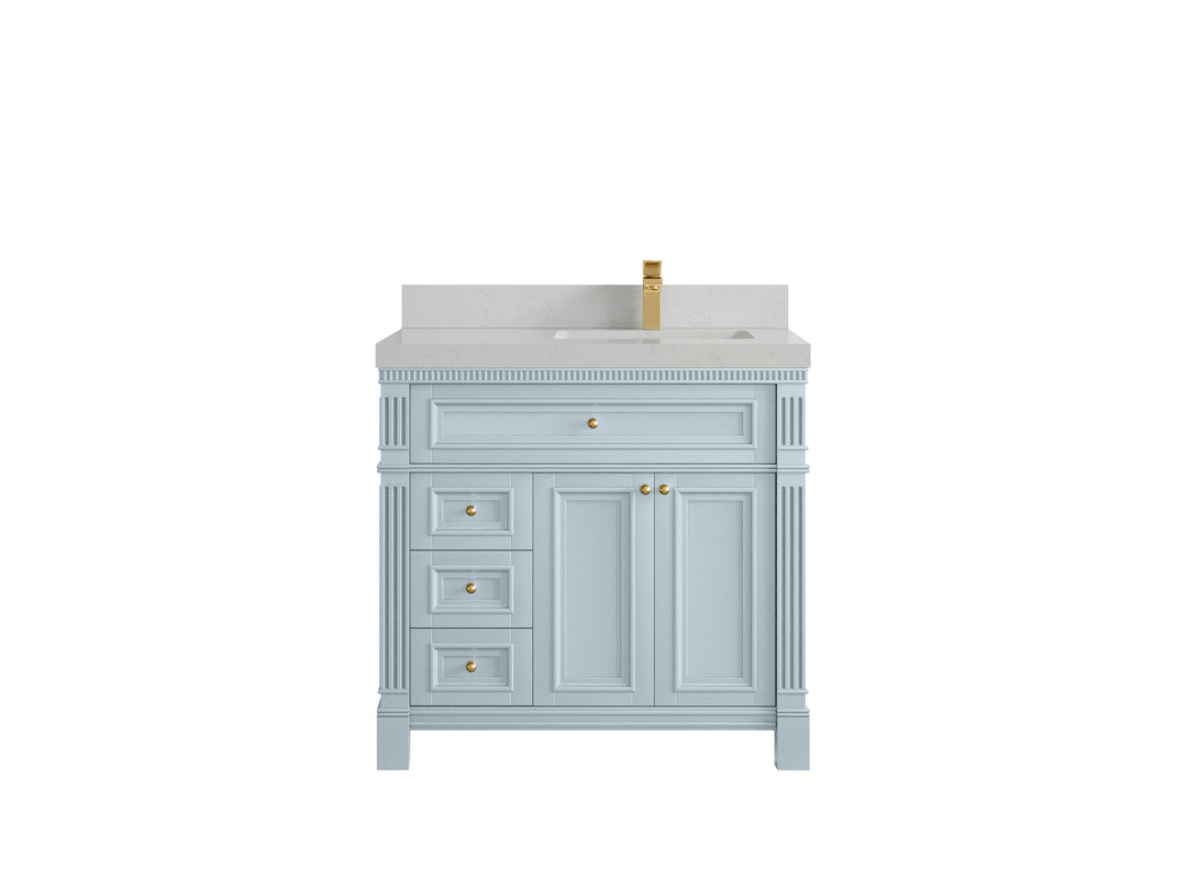 Paris 36 in. W x 22 in. D Right  Offset Sink Bathroom Vanity in Blue Heather  with 2 in Carrara Quartz Countertop