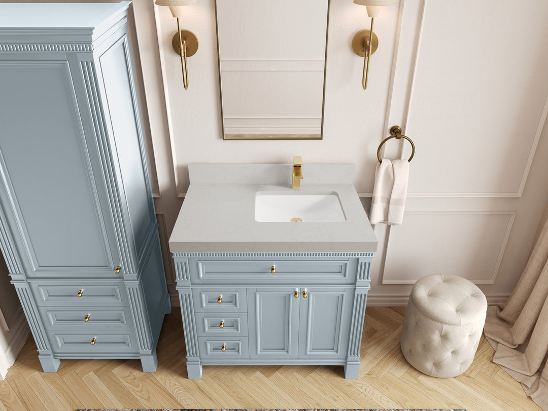 Paris 36 in. W x 22 in. D Right  Offset Sink Bathroom Vanity in Blue Heather  with 2 in Carrara Quartz Countertop – Top View