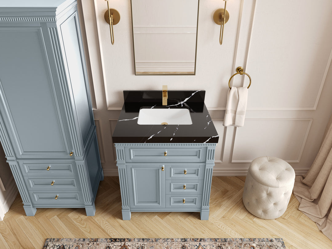 Paris  30 in. W x 22 in. D Single Sink Bathroom Vanity in Blue Heather with 2 in Calacatta Black Quartz Countertop – Top View
