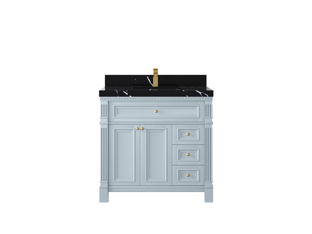 Paris 36 in. W x 22 in. D Center Sink Bathroom Vanity in Blue Heather  with 2 in Calacatta Black Quartz Countertop