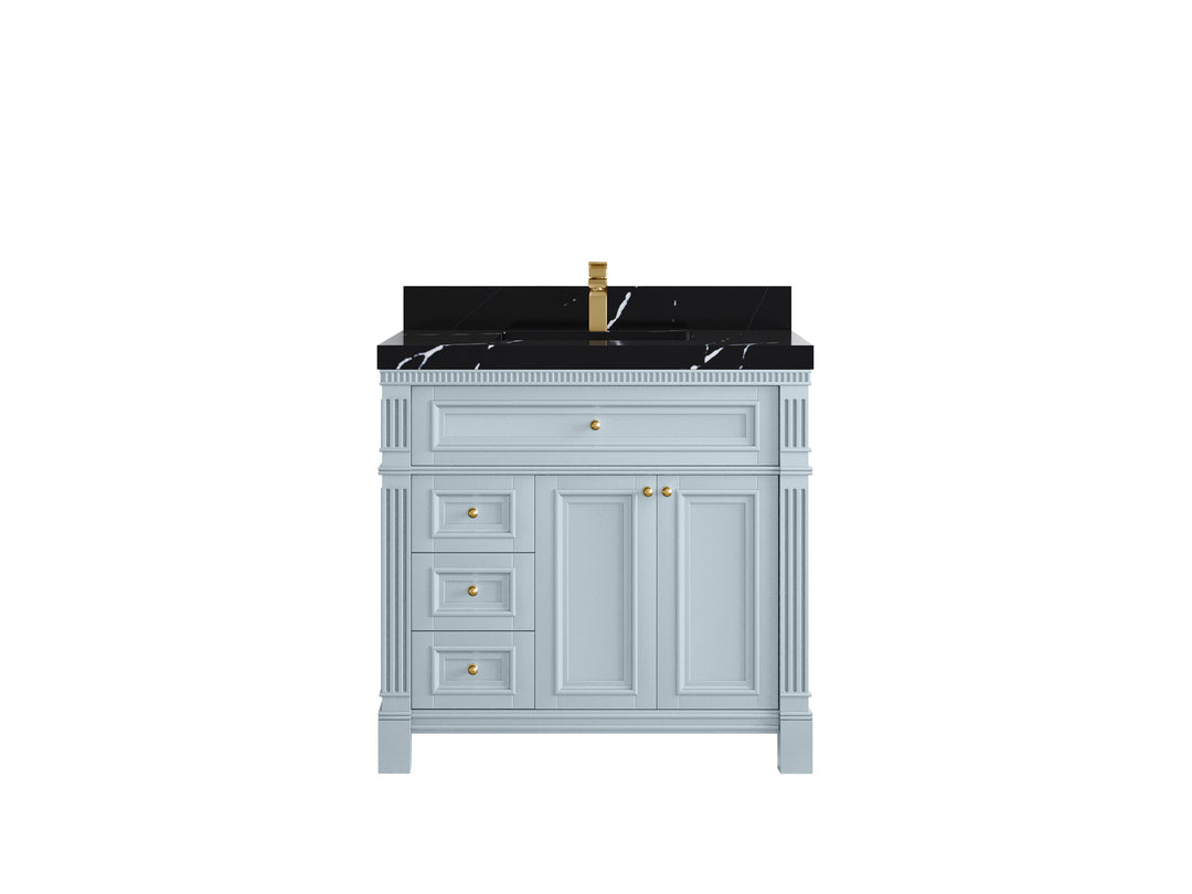 Paris 36 in. W x 22 in. D Center Sink Bathroom Vanity in Blue Heather  with 2 in Calacatta Black Quartz Countertop