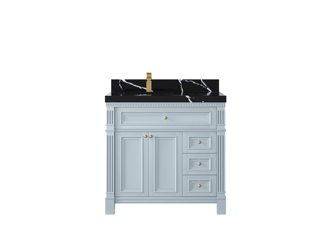Paris 36 in. W x 22 in. D Left  Offset Sink Bathroom Vanity Blue Heather with 2 in Calacatta Black Quartz Countertop – Top View