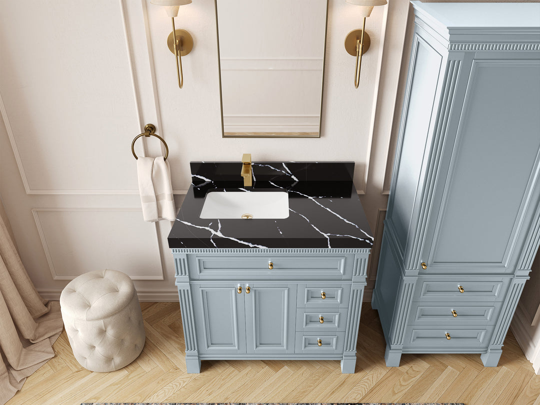 Paris 36 in. W x 22 in. D Left  Offset Sink Bathroom Vanity Blue Heather  with 2 in Calacatta Black Quartz Countertop