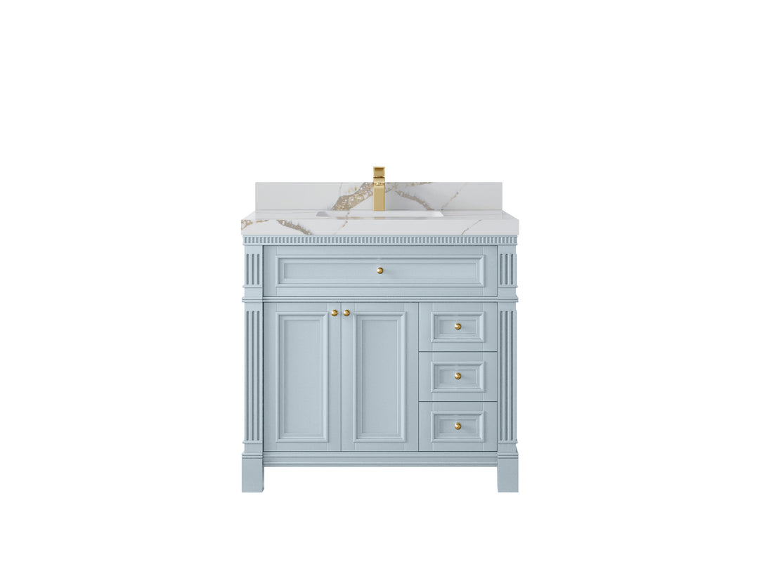 Paris 36 in. W x 22 in. D  Center  Sink Bathroom Vanity in Blue Heather  with 2 in Calacatta Gold Quartz Countertop