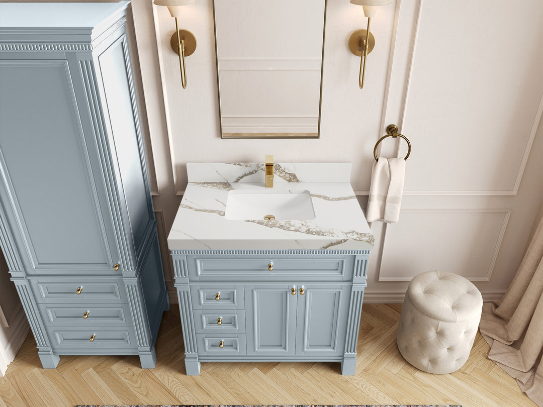 Paris 36 in. W x 22 in. D Center Sink Bathroom Vanity in Blue Heather  with 2 in Calacatta Gold Quartz Countertop – Top View