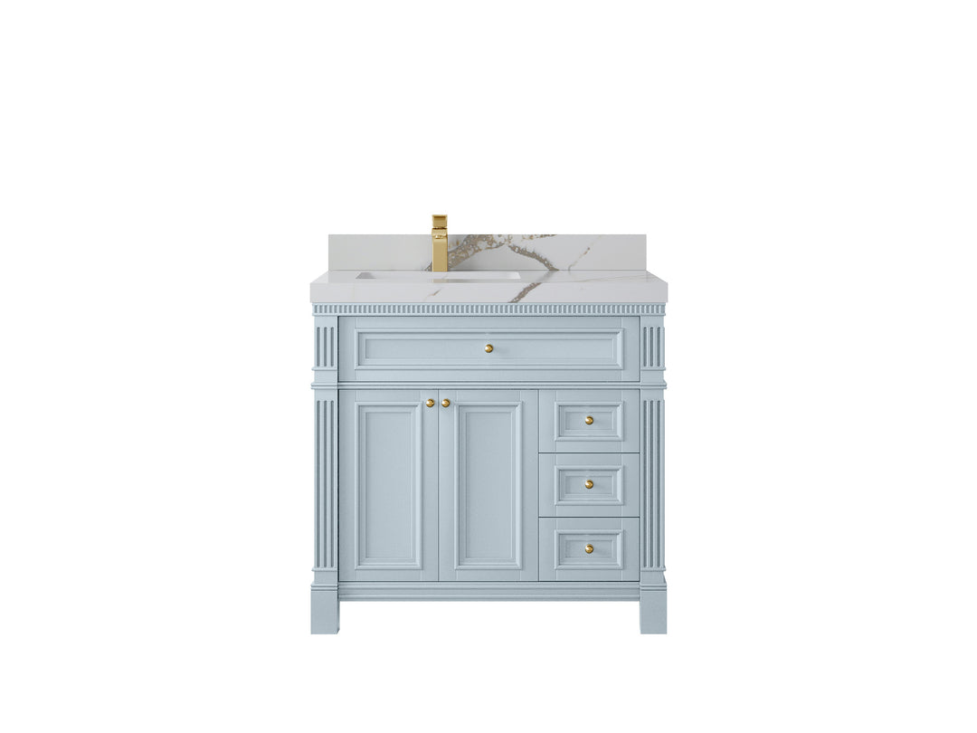 Paris 36 in. W x 22 in. D Left  Offset Sink Bathroom Vanity Blue Heather  with 2 in Calacatta Gold Quartz Countertop – Top View