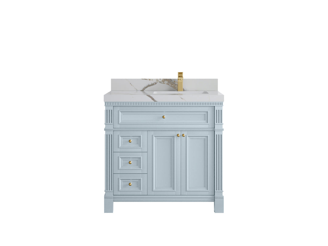 Paris 36 in. W x 22 in. D  Right  Offset  Sink Bathroom Vanity in Blue Heather  with 2 in Calacatta Gold Quartz Countertop