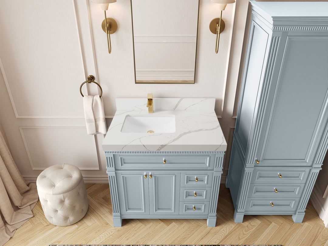 Paris 36 in. W x 22 in. D Left  Offset Sink Bathroom Vanity Blue Heather  with 2 in Calacatta Laza Quartz Countertop