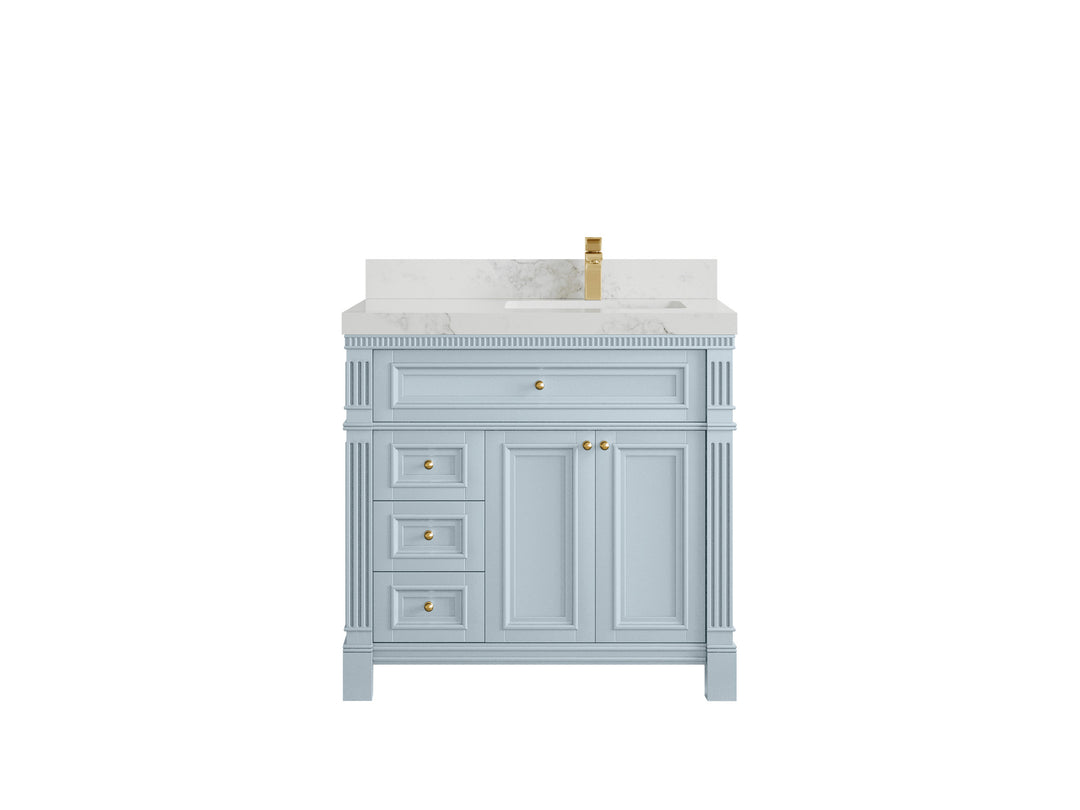 Paris 36 in. W x 22 in. D Right  Offset Sink Bathroom Vanity in Blue Heather  with 2 in Calacatta Nuvo Quartz Countertop