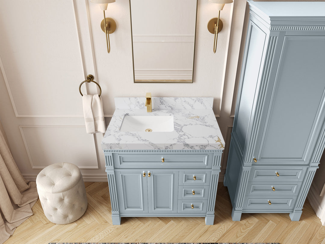 Paris 36 in. W x 22 in. D Left  Offset Sink Bathroom Vanity Blue Heather  with 2 in Poanazzo Quartz Countertop