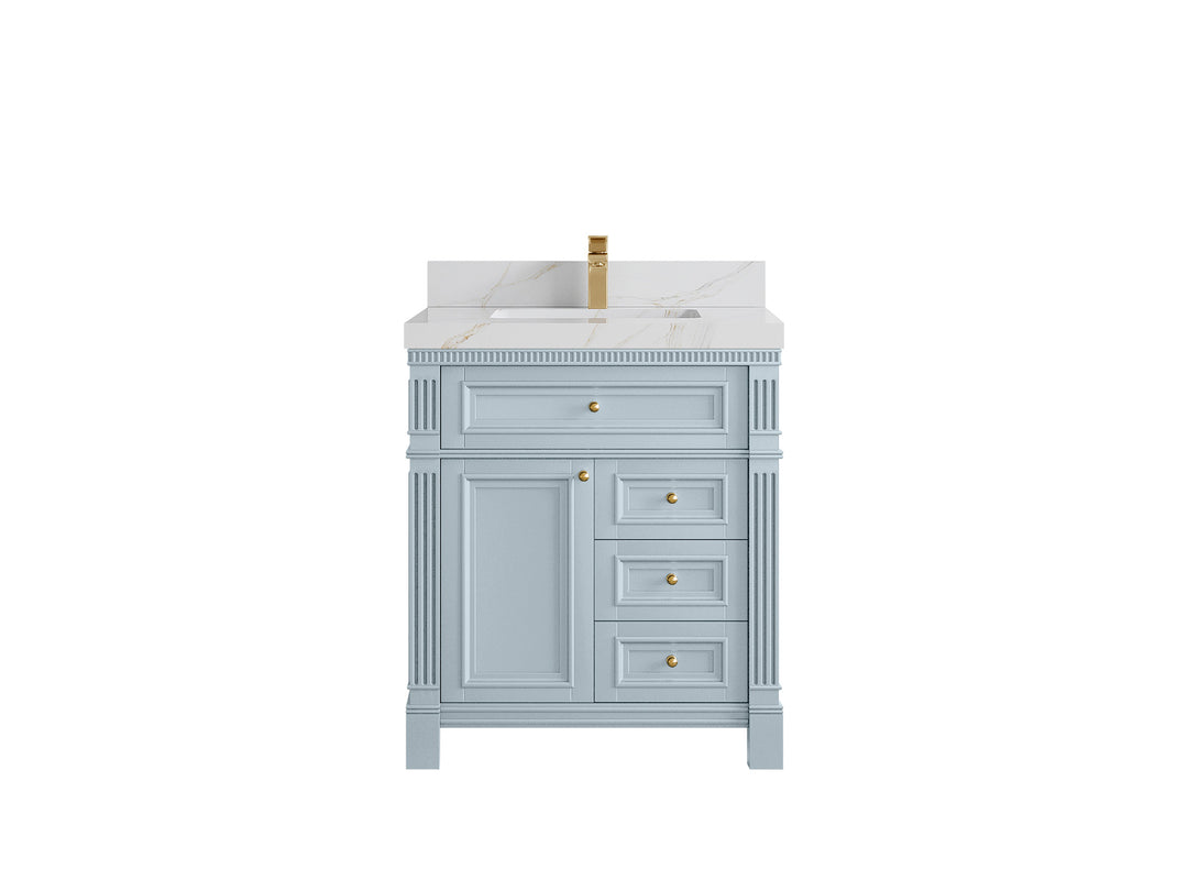 Paris  30 in. W x 22 in. D  Single  Sink Bathroom Vanity in Blue Heather with 2 in Calacatta Sienna Quartz Countertop