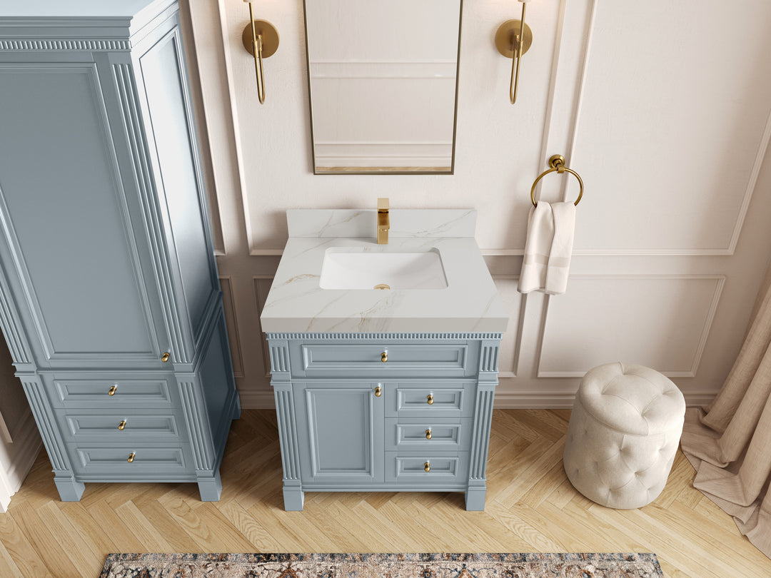 Paris  30 in. W x 22 in. D  Single  Sink Bathroom Vanity in Blue Heather with 2 in Calacatta Sienna Quartz Countertop – Top View