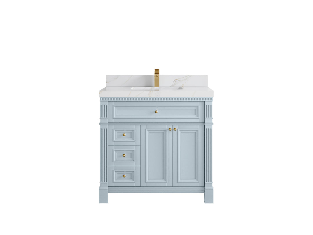 Paris 36 in. W x 22 in. D  Center  Sink Bathroom Vanity in Blue Heather  with 2 in Calacatta Sienna Quartz Countertop