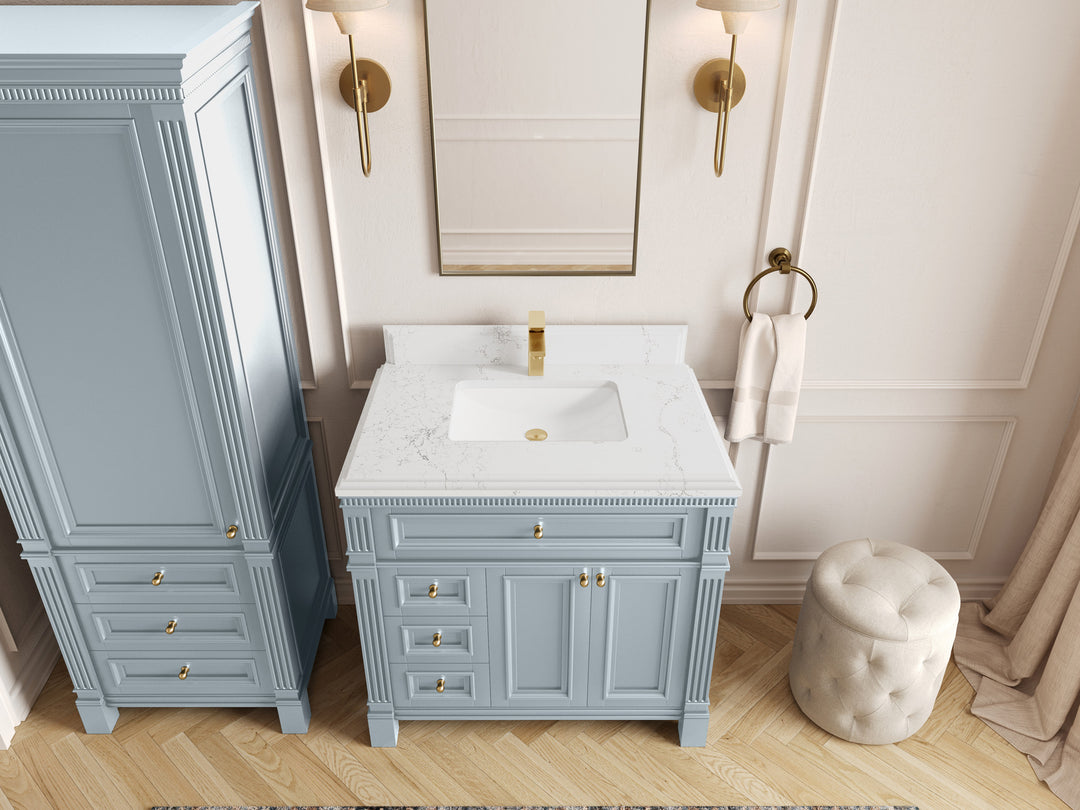 Paris 36 in. W x 22 in. D Center Sink Bathroom Vanity in Blue Heather  with 1.5 in Empira Quartz Countertop – Top View