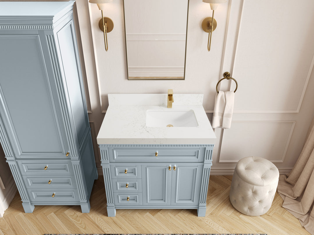 Paris 36 in. W x 22 in. D Right  Offset Sink Bathroom Vanity in Blue Heather  with 2 in Empira White Quartz Countertop – Top View