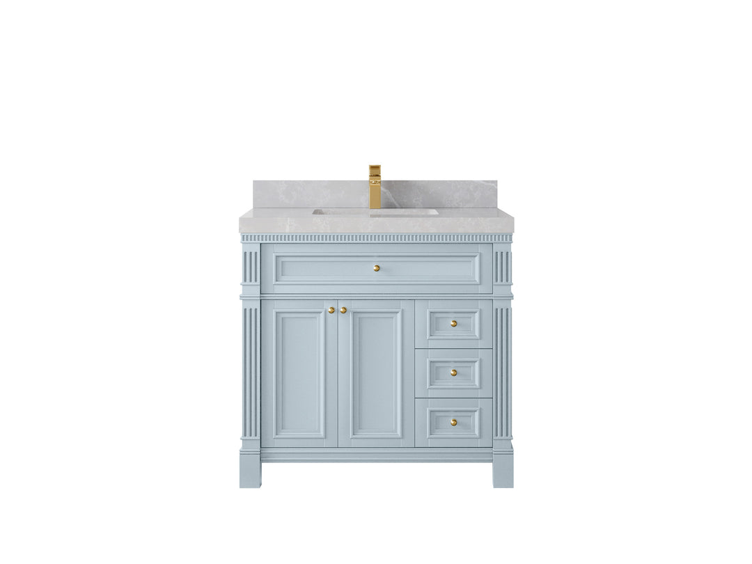 Paris 36 in. W x 22 in. D Center Sink Bathroom Vanity in Blue Heather  with 2 in Pearl Light Gray Quartz Countertop