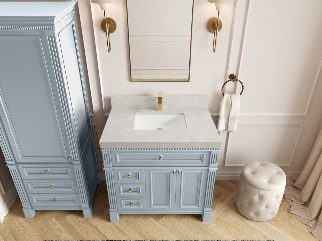 Paris 36 in. W x 22 in. D Center Sink Bathroom Vanity in Blue Heather  with 2 in Pearl Light Gray Quartz Countertop – Top View