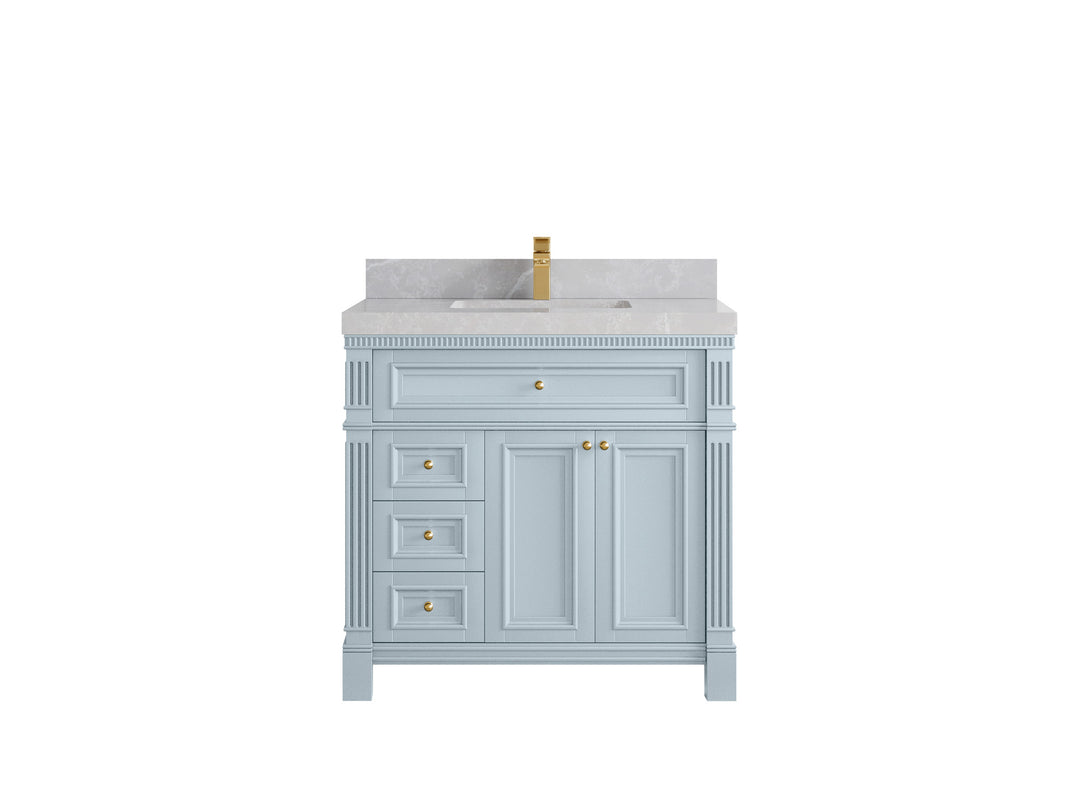 Paris 36 in. W x 22 in. D Center Sink Bathroom Vanity in Blue Heather  with 2 in Pearl Light Gray Quartz Countertop