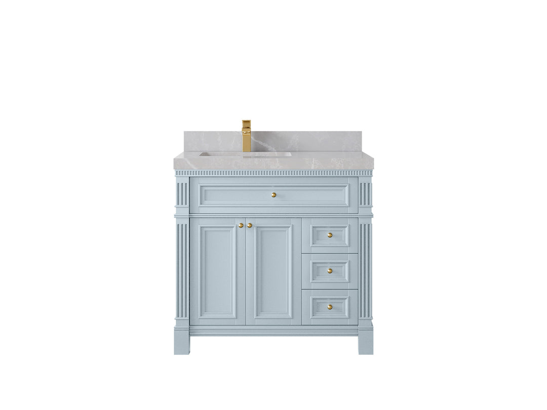 Paris 36 in. W x 22 in. D Left  Offset Sink Bathroom Vanity Blue Heather  with 2 in Pearl Light Gray Quartz Countertop