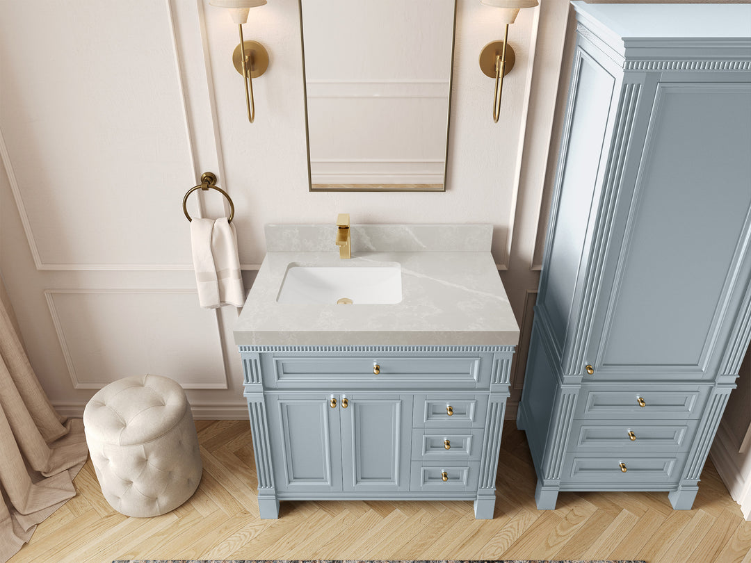 Paris 36 in. W x 22 in. D Left  Offset Sink Bathroom Vanity Blue Heather  with 2 in Pearl Light Gray Quartz Countertop – Top View