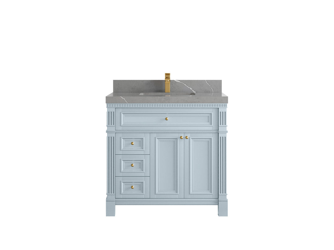Paris 36 in. W x 22 in. D Center Sink Bathroom Vanity in Blue Heather  with 2 in Piatra Gray Quartz Countertop