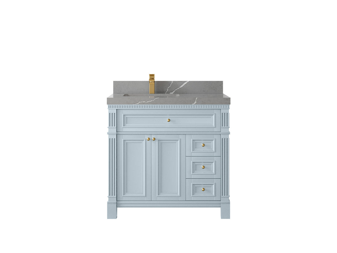 Paris 36 in. W x 22 in. D Left  Offset Sink Bathroom Vanity Blue Heather  with 2 in Piatra Gray Quartz Countertop