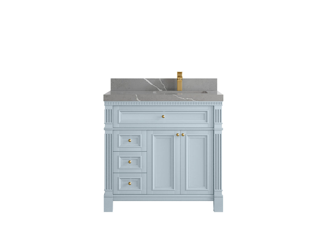 Paris 36 in. W x 22 in. D Right  Offset Sink Bathroom Vanity in Blue Heather  with 2 in Piatra Gray Quartz Countertop
