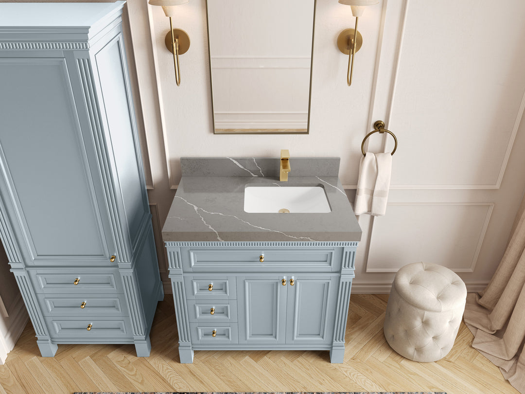 Paris 36 in. W x 22 in. D Right  Offset Sink Bathroom Vanity in Blue Heather  with 2 in Piatra Gray Quartz Countertop – Top View