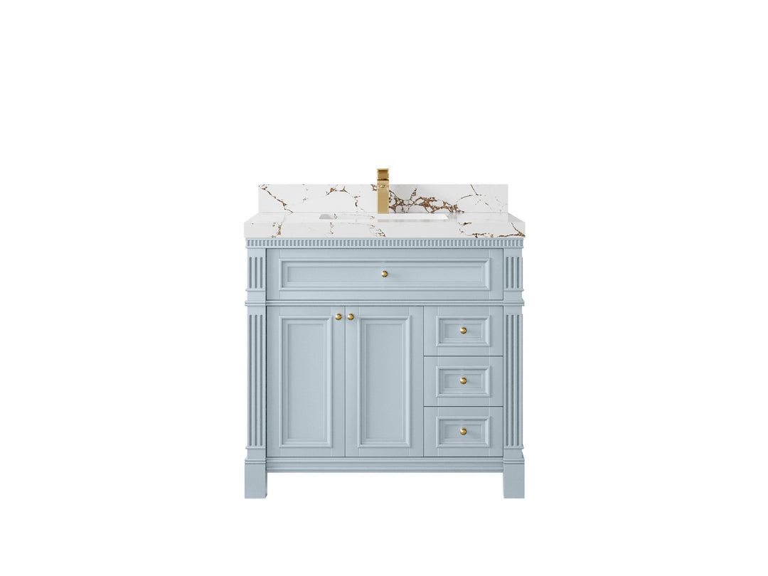 Paris 36 in. W x 22 in. D Center Sink Bathroom Vanity in Blue Heather  with 2 in Viola Brown Quartz Countertop