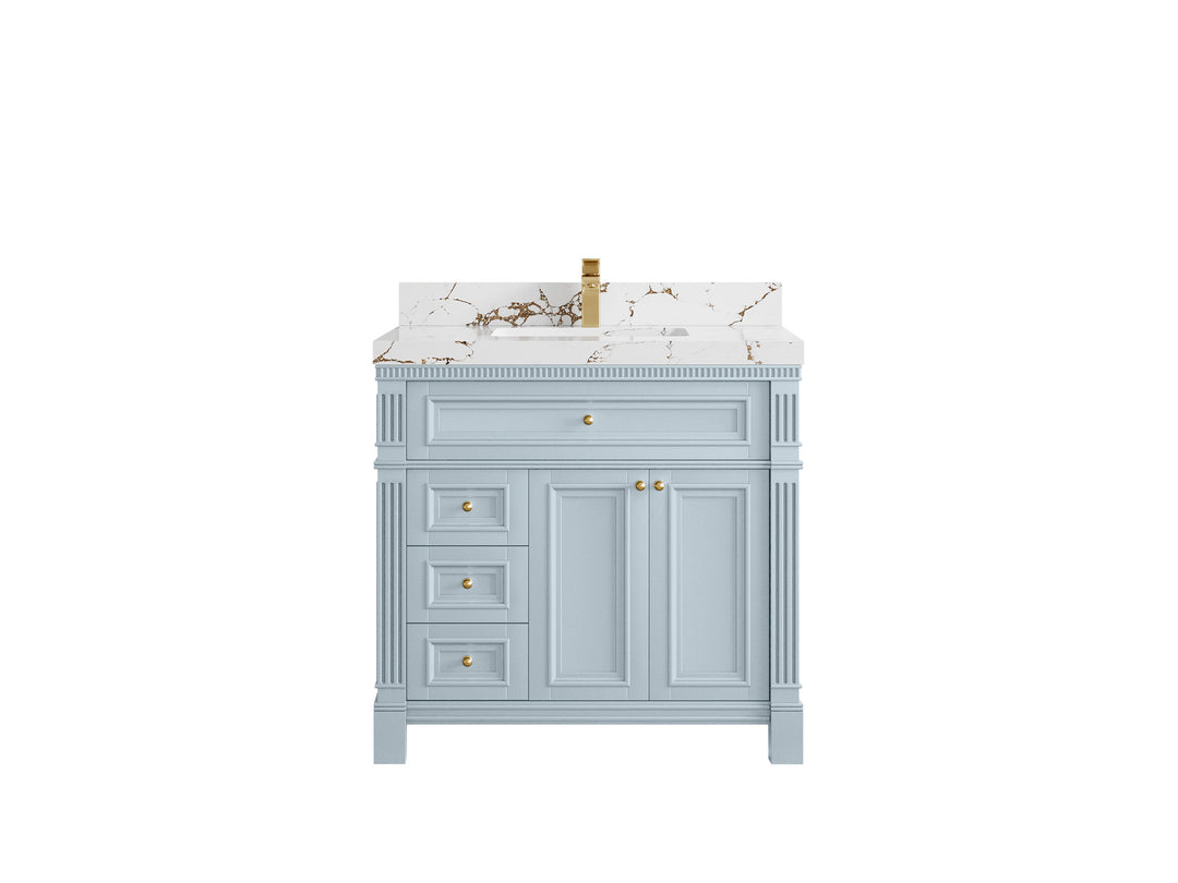 Paris 36 in. W x 22 in. D Center Sink Bathroom Vanity in Blue Heather  with 2 in Viola Brown Quartz Countertop