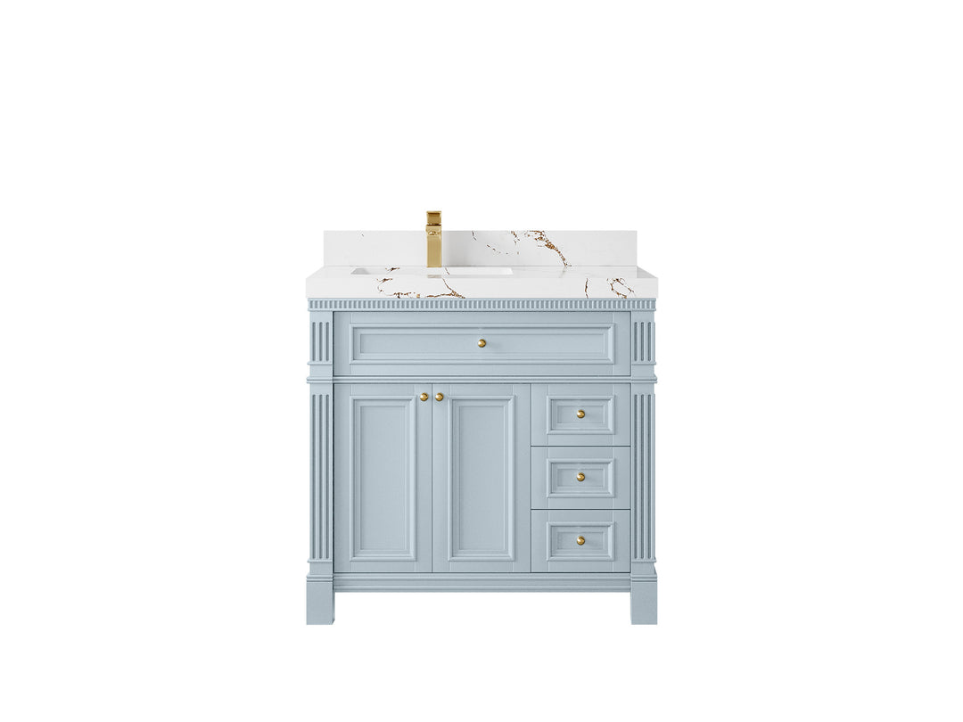 Paris 36 in. W x 22 in. D Left  Offset Sink Bathroom Vanity Blue Heather  with 2 in Viola Brown Quartz Countertop