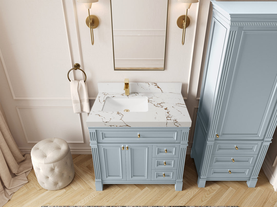 Paris 36 in. W x 22 in. D Left  Offset Sink Bathroom Vanity Blue Heather  with 2 in Viola Brown Quartz Countertop – Top View