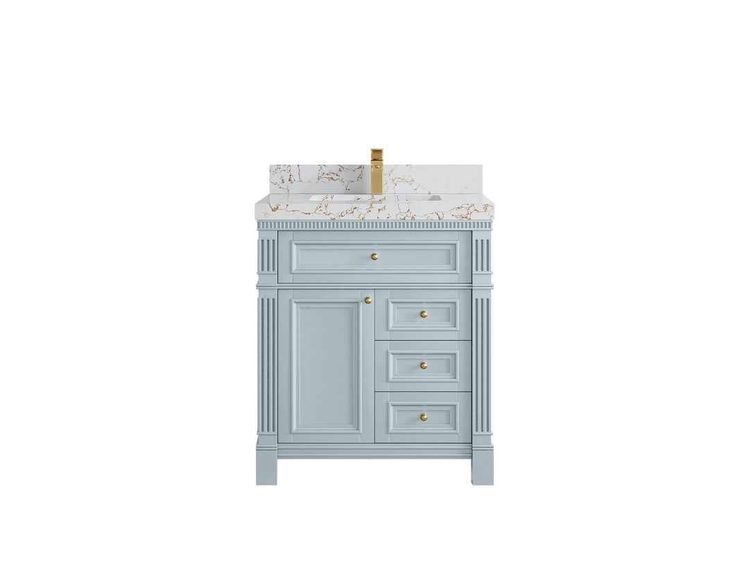 Paris  30 in. W x 22 in. D Single Sink Bathroom Vanity in Blue Heather with 2 in Viola Gold Quartz Countertop