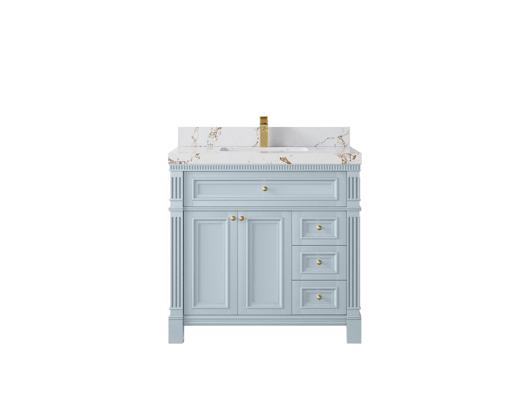 Paris 36 in. W x 22 in. D Center Sink Bathroom Vanity in Blue Heather  with 2 in Viola Gold Quartz Countertop