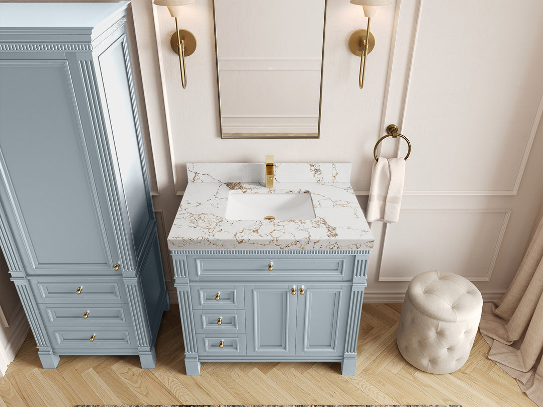 Paris 36 in. W x 22 in. D Center Sink Bathroom Vanity in Blue Heather  with 2 in Viola Gold Quartz Countertop – Top View