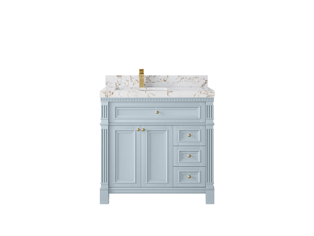 Paris 36 in. W x 22 in. D Left  Offset Sink Bathroom Vanity Blue Heather  with 2 in Viola Gold Quartz Countertop