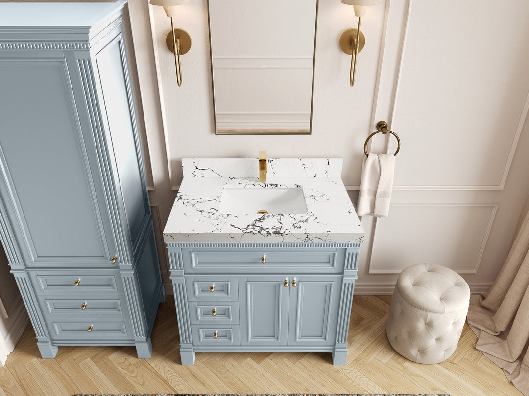 Paris 36 in. W x 22 in. D Center Sink Bathroom Vanity in Blue Heather  with 2 in Viola Night Quartz Countertop – Top View
