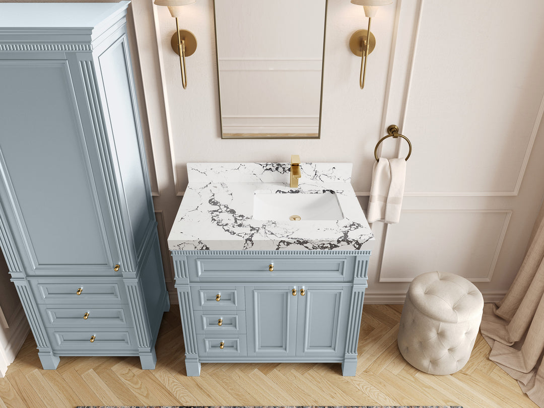 Paris 36 in. W x 22 in. D Right  Offset Sink Bathroom Vanity in Blue Heather  with 2 in Viola Night Quartz Countertop – Top View