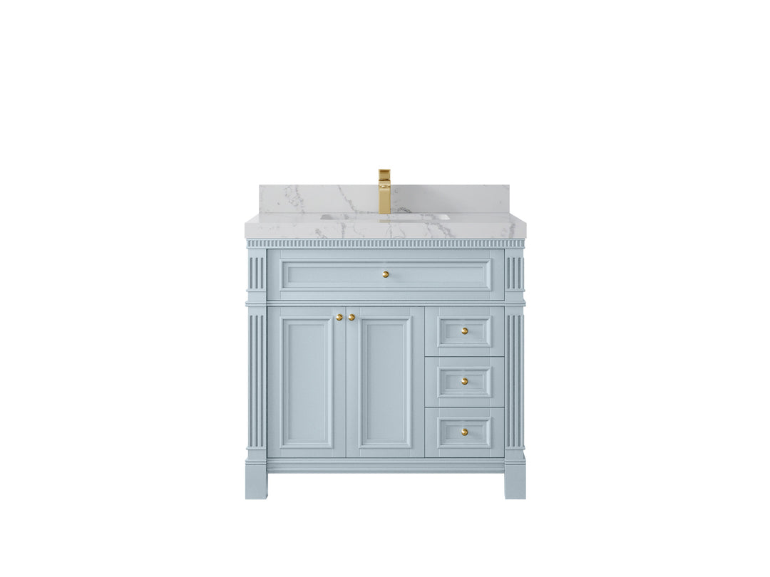 Paris 36 in. W x 22 in. D Center Sink Bathroom Vanity in Blue Heather  with 2 in Venatino Quartz Countertop