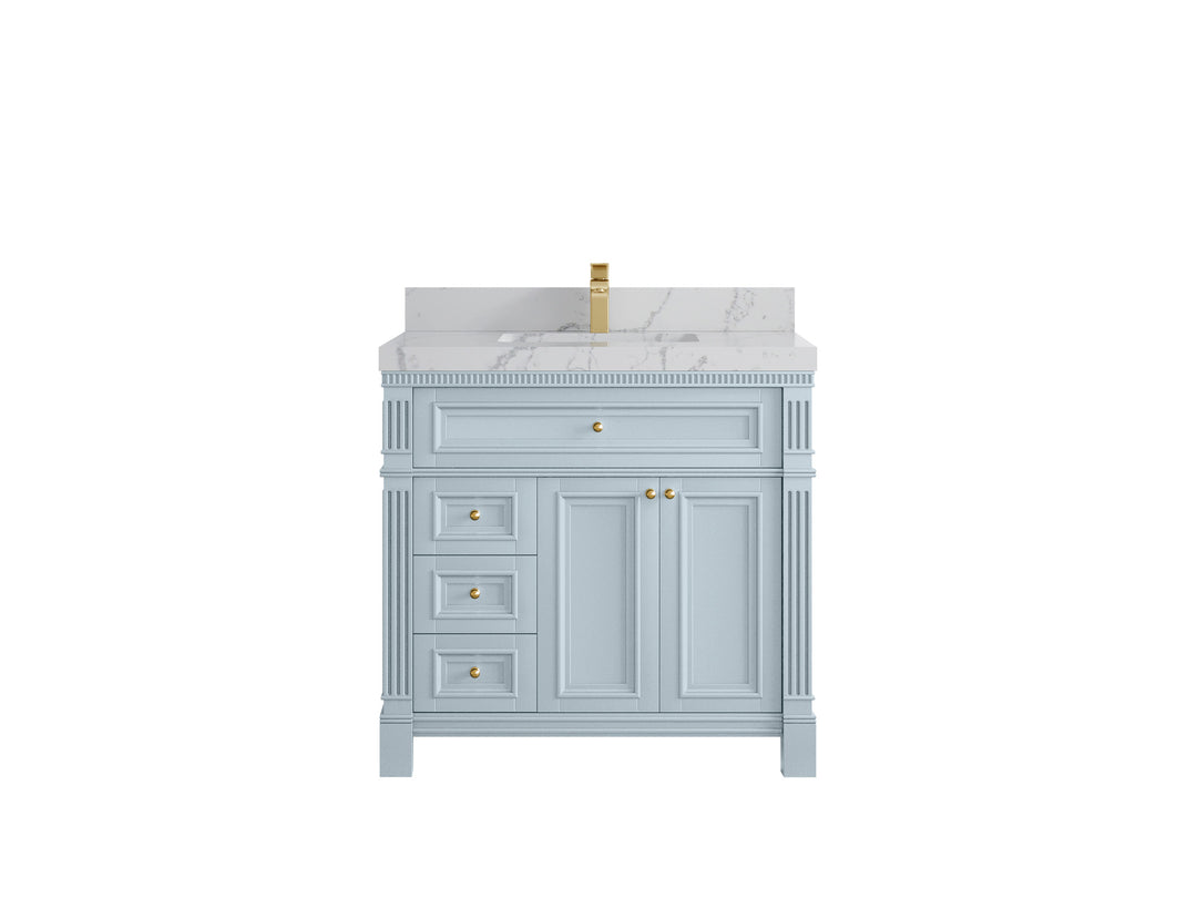 Paris 36 in. W x 22 in. D Center Sink Bathroom Vanity in Blue Heather  with 2 in Venatino Quartz Countertop