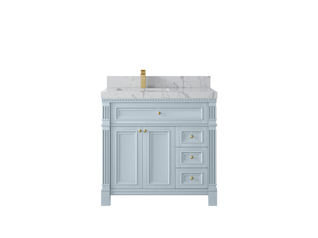 Paris 36 in. W x 22 in. D Left  Offset Sink Bathroom Vanity Blue Heather  with 2 in Venatino Quartz Countertop