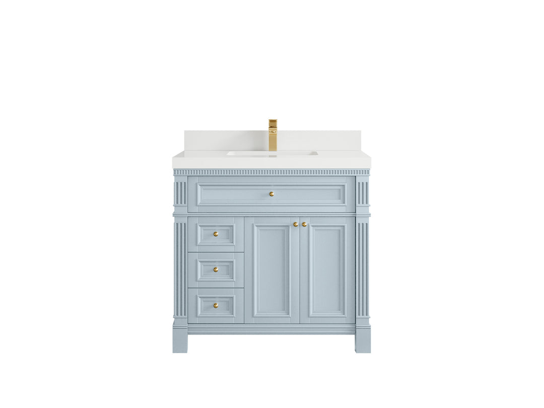 Paris 36 in. W x 22 in. D Center Sink Bathroom Vanity in Blue Heather with 2 in White Quartz Countertop