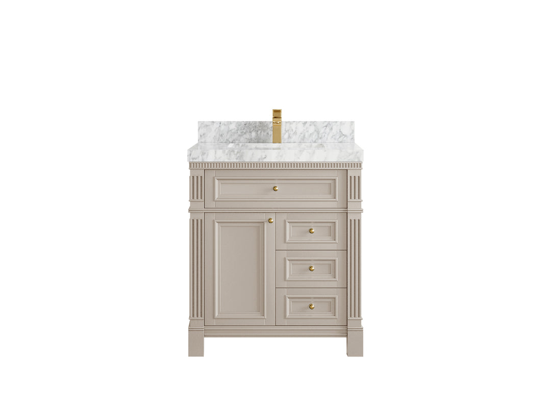 Paris 30 in. W x 22 in. D Single Sink Bathroom Vanity in Fine Grain   with 2 in Carrara Marble Countertop