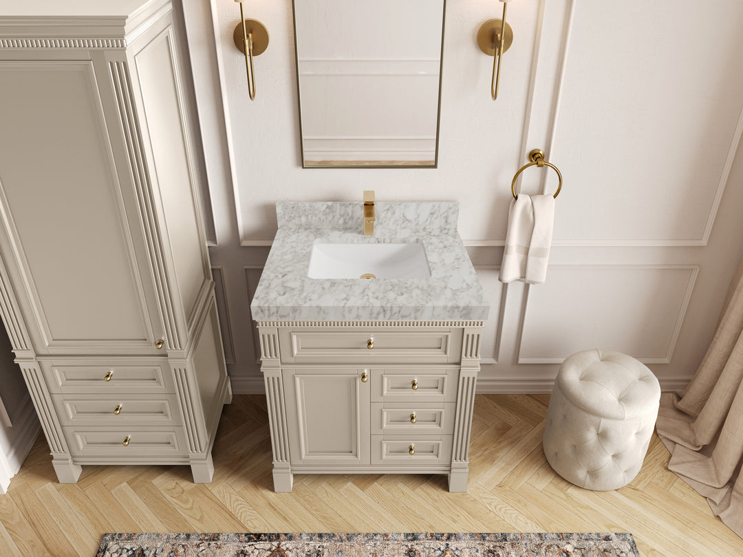 Paris 30 in. W x 22 in. D Single Sink Bathroom Vanity in Fine Grain   with 2 in Carrara Marble Countertop – Top View