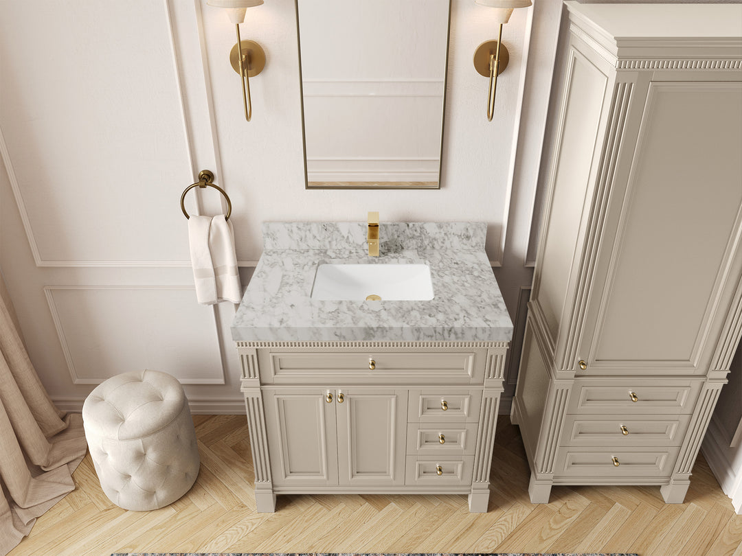 Paris 36 in. W x 22 in. D Center Sink Bathroom Vanity in Fine Grain  with 2 in Carrara Marble Countertop – Top View